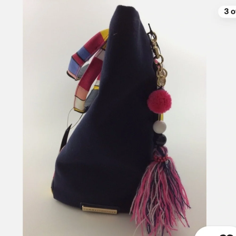 Tommy Hilfiger Adelina XL navy blue canvas tote multicolor stripe tassel NWOT